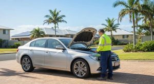 image showing a licensed mobile vehicle inspector in high-visibility workwear conducting a roadworthy inspection on a well-maintained sedan or SUV. The vehicle should be parked in a sunny, suburban Gold Coast setting — such as a residential driveway or street with palm trees, coastal-style homes, and clear blue skies. The inspector may be checking tyres, examining under the bonnet, or marking items on a digital tablet. The image should feel professional, approachable, and trustworthy, appealing to everyday car owners preparing for sale or registration. No text or logos; just a clean, natural, and realistic visual.