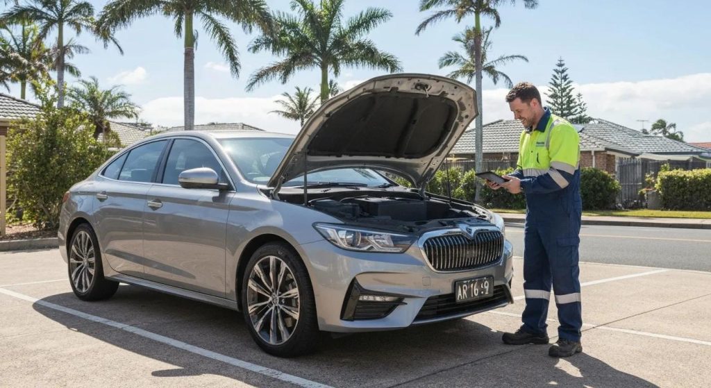 modern, well-maintained car (sedan or SUV) parked in a sunny suburban Gold Coast setting — such as a driveway, roadside, or commercial parking area. A licensed mobile vehicle inspector in high-visibility workwear is conducting a safety inspection, examining the tyres, checking under the bonnet, or reviewing documents on a tablet. The backdrop should include palm trees, a clear sky, and typical Gold Coast architecture (e.g. tiled roofs, coastal landscaping). The overall look should be clean, friendly, and professional, emphasising trust, mobility, and vehicle compliance. No text or branding overlays — focus on realism and relatability.