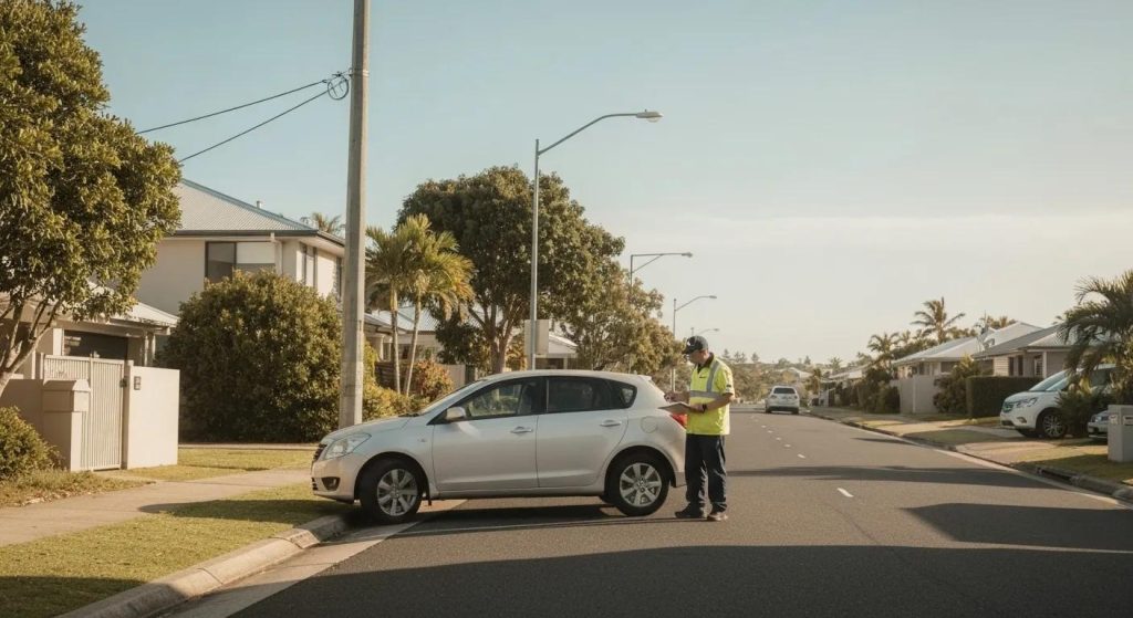 A clean, modern Australian suburban street in Burleigh Heads, QLD, with a mobile vehicle inspector in high-vis uniform checking a parked car. The vehicle is a well-kept sedan or hatchback. Include subtle elements that suggest affordability, safety, and convenience (e.g., clipboard, safety checklist). Natural lighting, clear sky, coastal vibe. The branding should be subtle, with no logos. Style: warm, professional, and friendly — suitable for a roadworthy inspection service website.