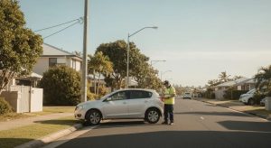 A clean, modern Australian suburban street in Burleigh Heads, QLD, with a mobile vehicle inspector in high-vis uniform checking a parked car. The vehicle is a well-kept sedan or hatchback. Include subtle elements that suggest affordability, safety, and convenience (e.g., clipboard, safety checklist). Natural lighting, clear sky, coastal vibe. The branding should be subtle, with no logos. Style: warm, professional, and friendly — suitable for a roadworthy inspection service website.