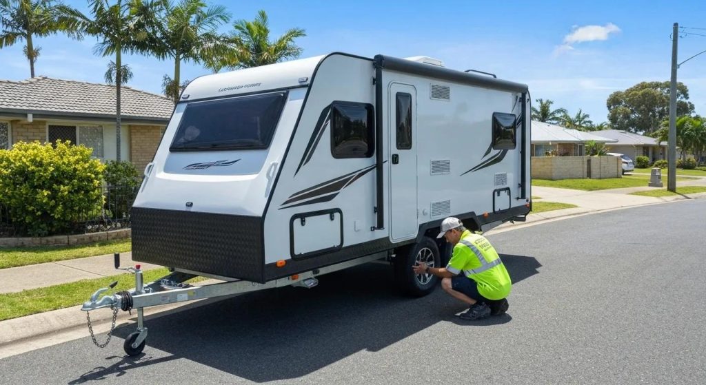 modern caravan parked on a residential Gold Coast street or driveway, with a licensed mobile roadworthy inspector in hi-vis uniform examining the wheels, brakes, or tow hitch. Include bright, natural daylight with a relaxed suburban coastal backdrop — think palm trees, clear skies, and a quiet neighbourhood. The caravan should appear well-maintained, with the focus on professionalism and safety. The scene should evoke trust, mobility, and convenience, reflecting a local, friendly roadworthy service in action. No text or logos — just an authentic, visually engaging moment.