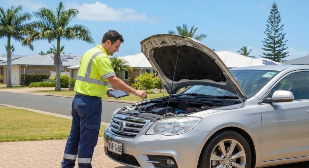 image showing a licensed mobile vehicle inspector in high-visibility workwear conducting a roadworthy inspection on a well-maintained sedan or SUV. The vehicle should be parked in a sunny, suburban Gold Coast setting — such as a residential driveway or street with palm trees, coastal-style homes, and clear blue skies. The inspector may be checking tyres, examining under the bonnet, or marking items on a digital tablet. The image should feel professional, approachable, and trustworthy, appealing to everyday car owners preparing for sale or registration. No text or logos; just a clean, natural, and realistic visual.